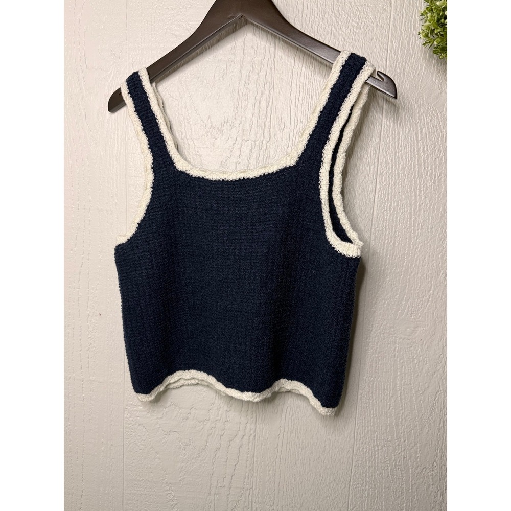 525 America Textured Square Neck Tank Top Navy Blue White Trim Cotton - Picture 3 of 3